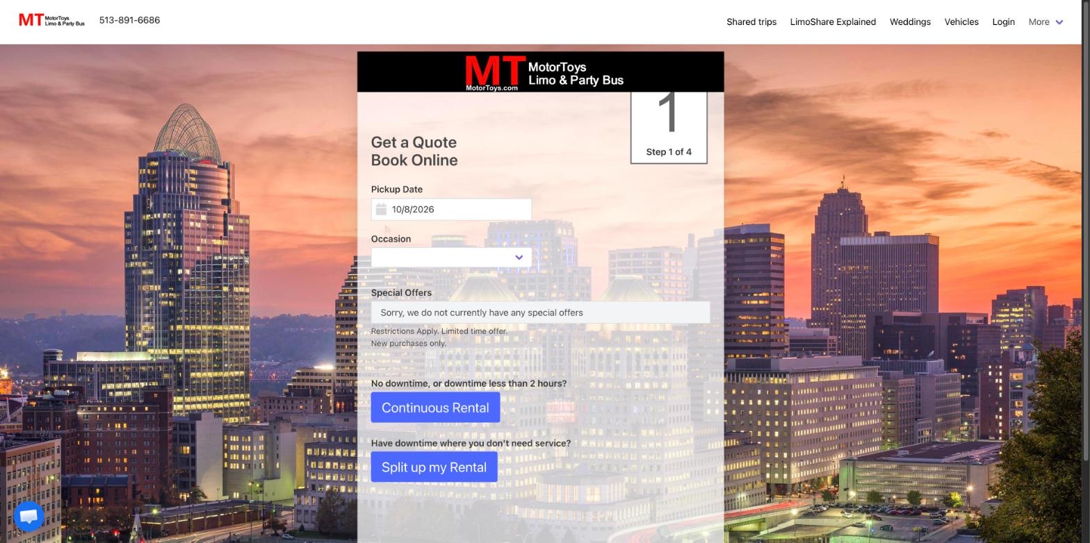 MotorToys Limo & Party Bus online quote and booking platform
